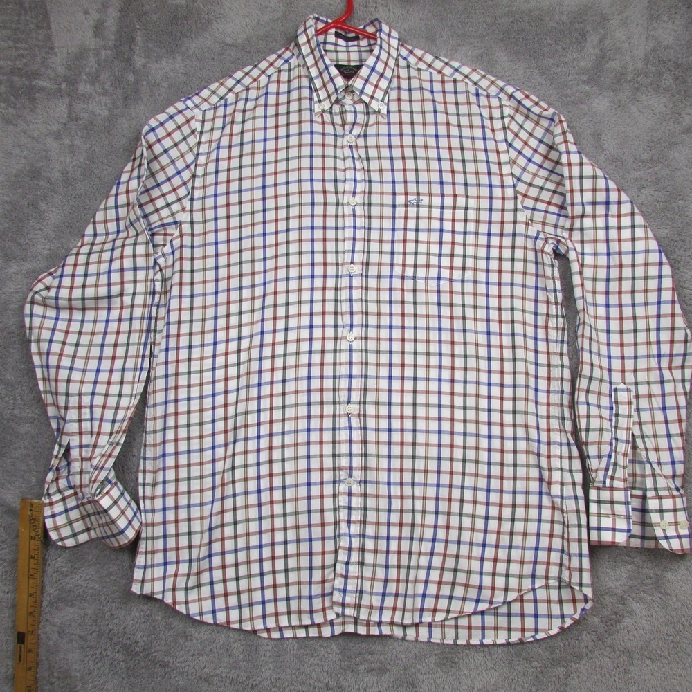 Paul & Shark Shirt Mens 42 White Plaid Long Sleeve Button Front Made In Italy‎
